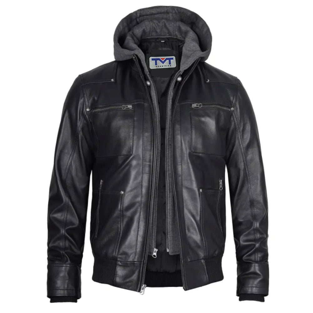 Real Lambskin Leather Black Bomber Jacket with Hood