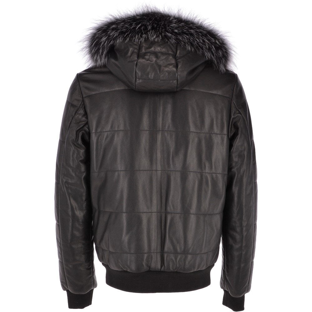 Men's Puffer Leather Jacket with Fur Hood