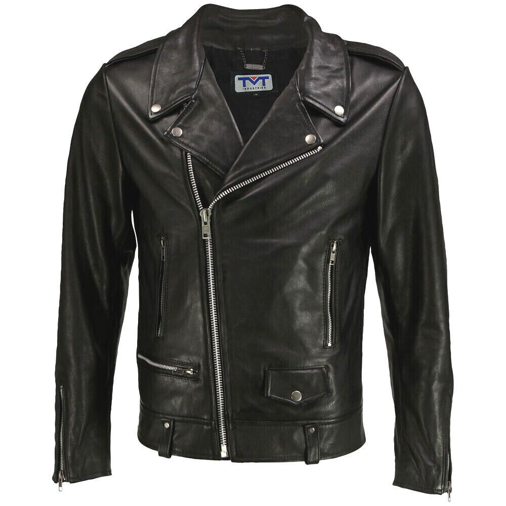 Mens Genuine Leather Jacket - Bikers Leather Jacket - Classic Belted Strap Leather Jacket