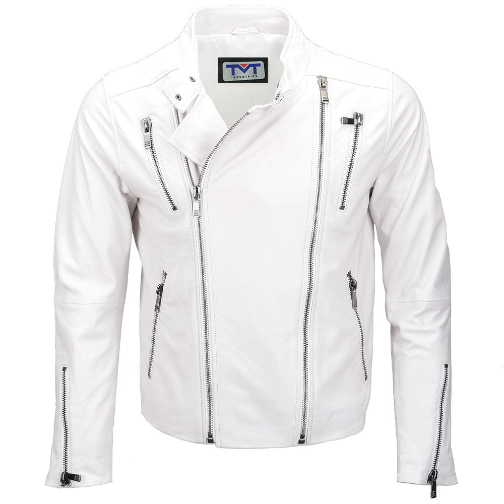 Vegetable Tanned Leather Side Zip Biker Jacket white