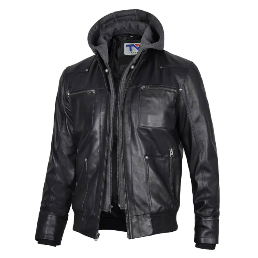 Real Lambskin Leather Black Bomber Jacket with Hood