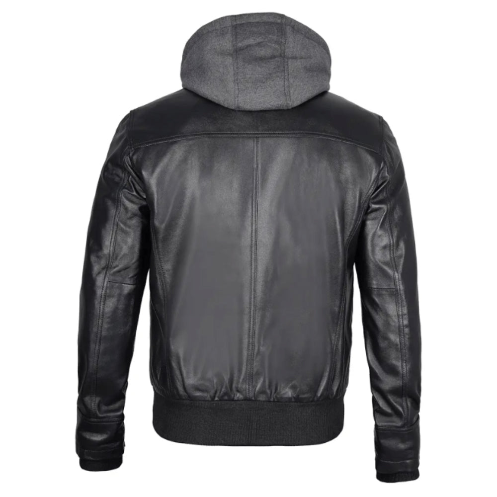 Real Lambskin Leather Black Bomber Jacket with Hood
