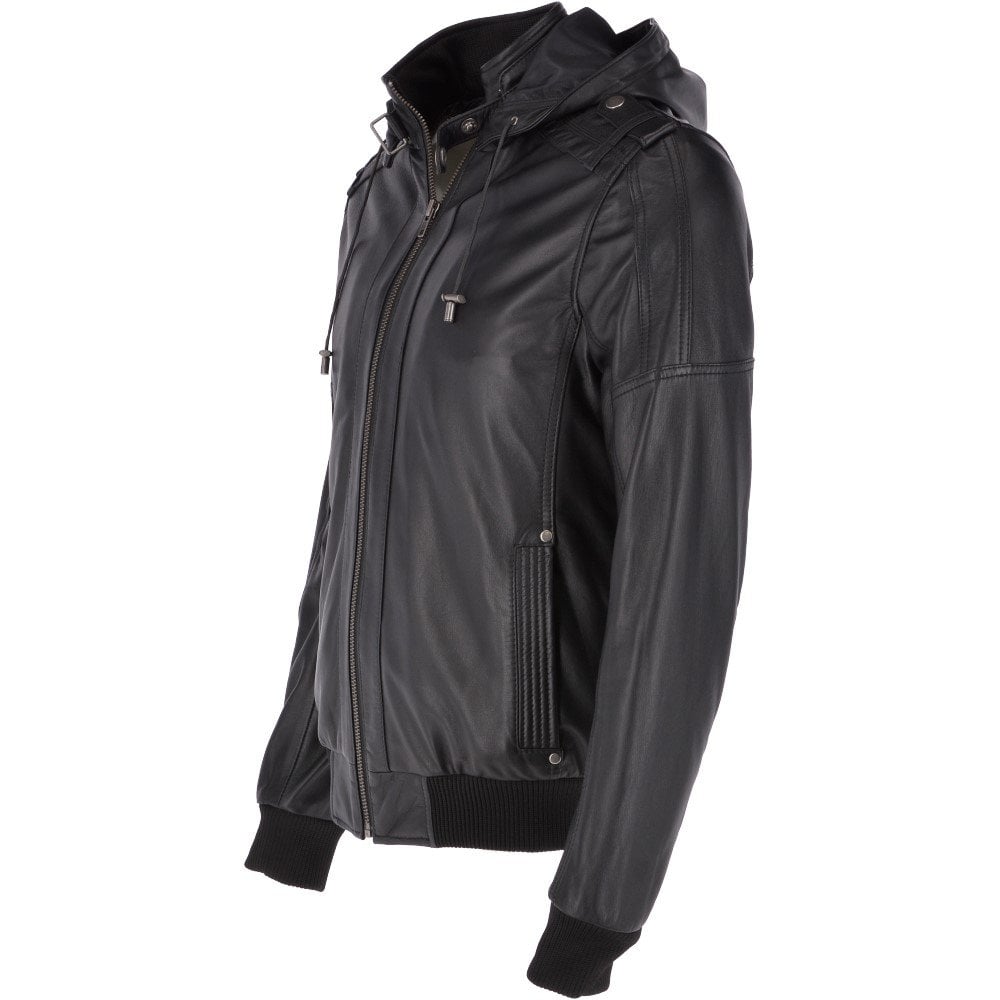Men's Real Leather Hooded Bomber Jacket