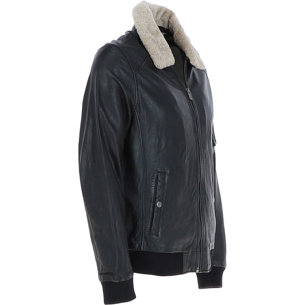 Men's Black Leather Pilot Jacket Bomber Air Force Aviator White Fur Collar