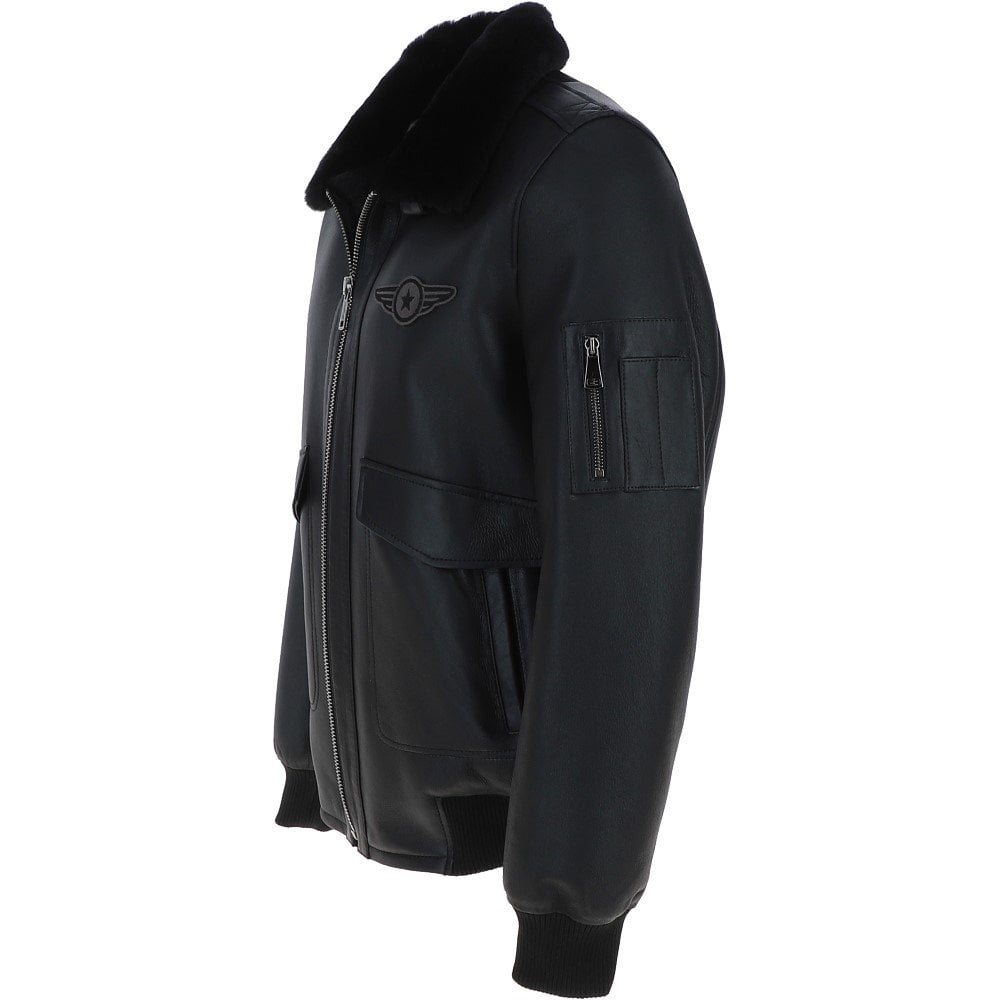 Mens Real Leather Black Aviator Fur Collar Pilot Jacket Slim Fit Bomber
