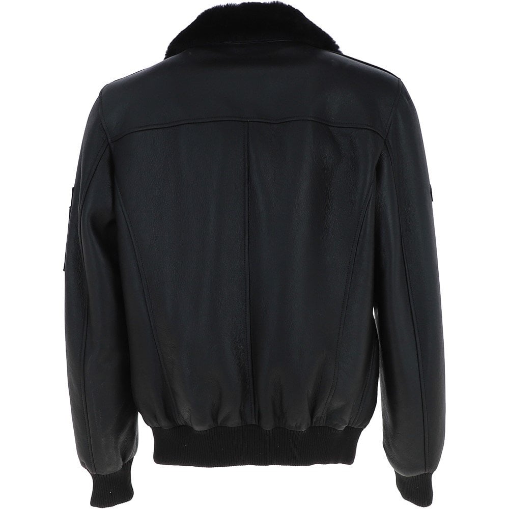 Mens Real Leather Black Aviator Fur Collar Pilot Jacket Slim Fit Bomber