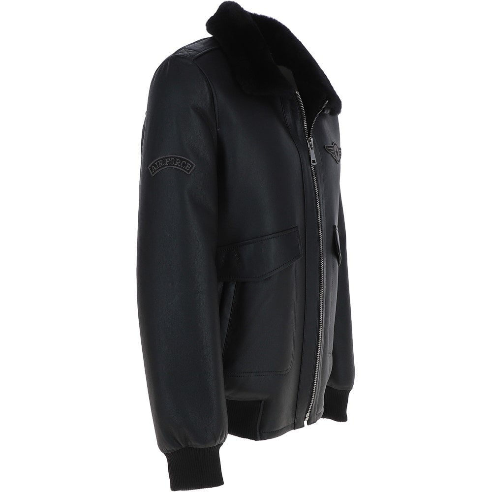 Mens Real Leather Black Aviator Fur Collar Pilot Jacket Slim Fit Bomber