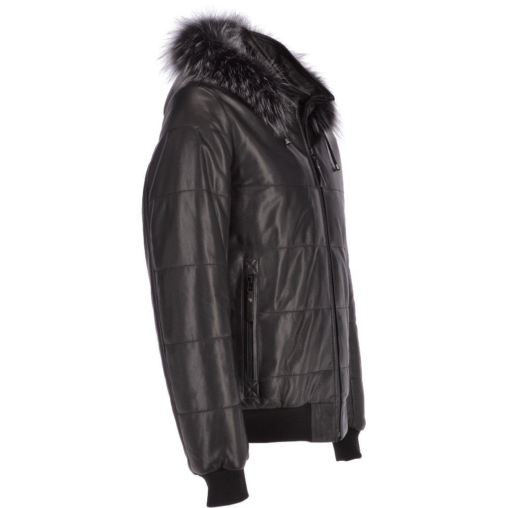Men's Puffer Leather Jacket with Fur Hood