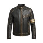 Men's Black Distressed Leather Biker Jacket with Gold Sleeve Stripes