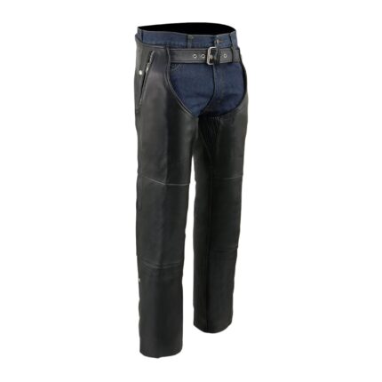 Men's Black Leather Biker Chaps with Adjustable Waist Belt and Zip Hip Pocket