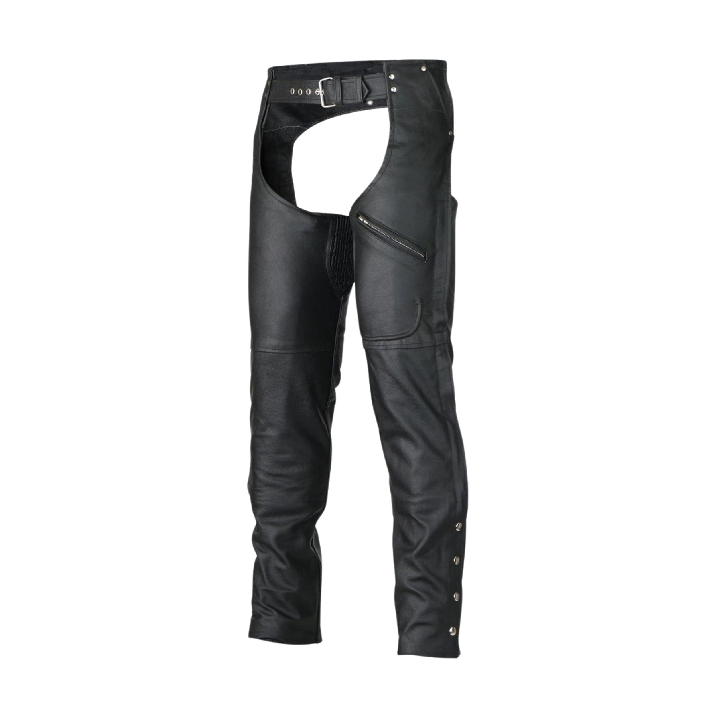 2 Women's Black Leather Chaps with Belted Waist, Zip Thigh Pocket and Side Snaps - Image 1