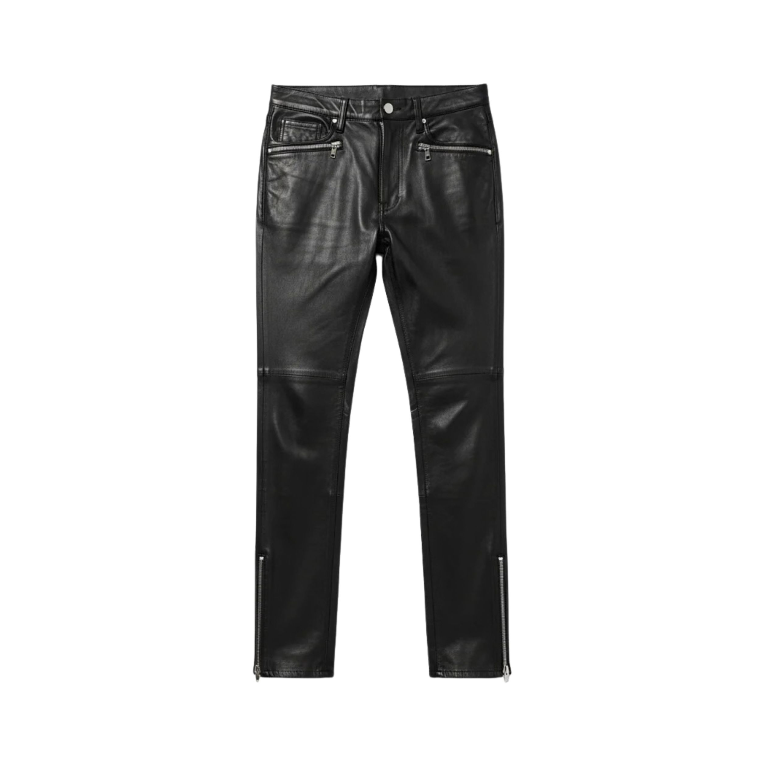 2 Women's Black Leather Biker Pants with Slim Fit, Zip Pockets and Ankle Zips - Image 1