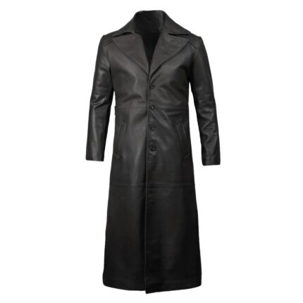 Men's Black Leather Long Coat with Wide Notch Lapel, Four-Button Front and Slanted Pockets