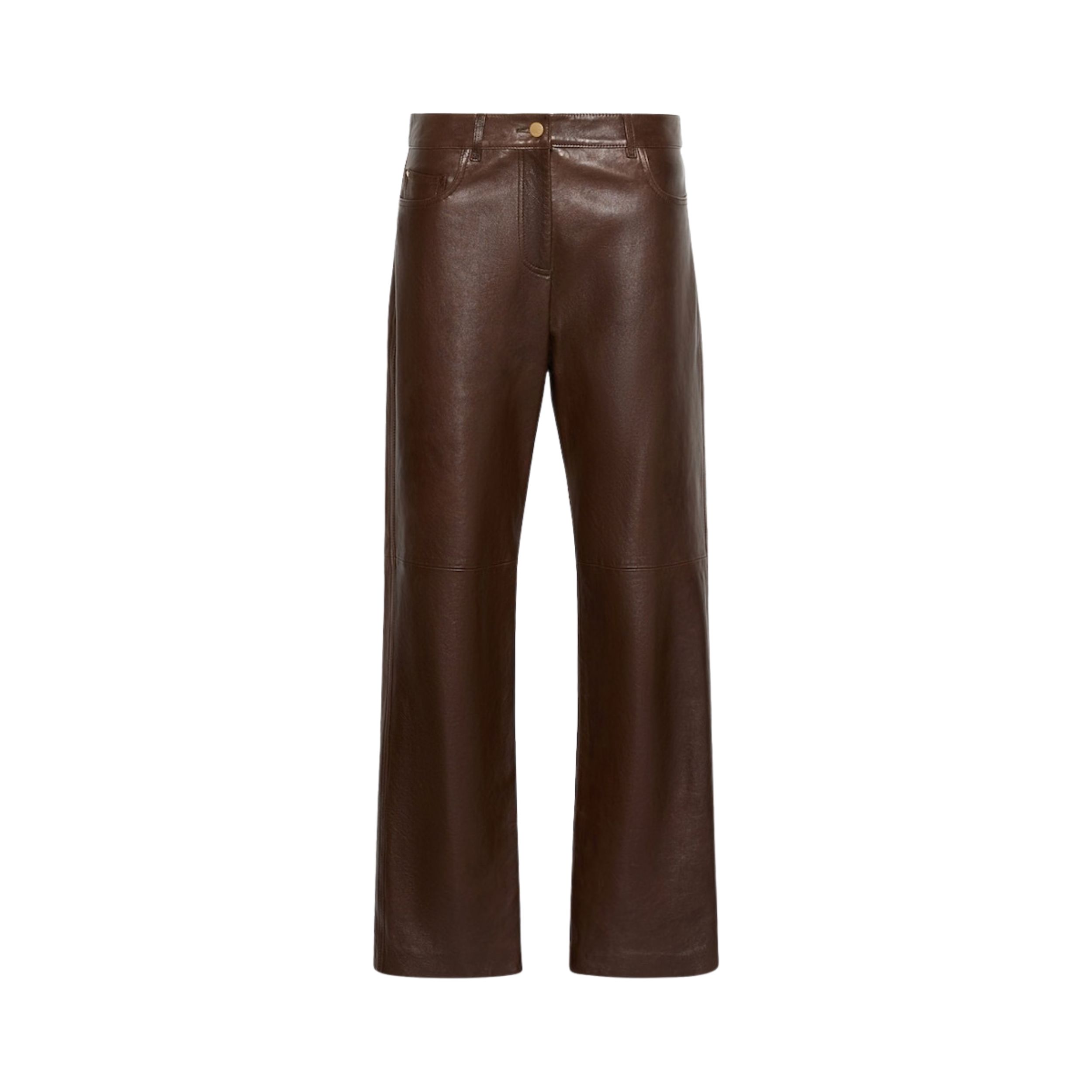 3 Women's Dark Brown Leather Pants with Straight Leg, Five-Pocket Design and Gold-Tone Button - Image 1