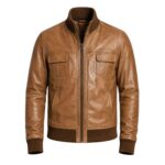 Men's Vintage Tan Leather Bomber Jacket with Brown Knit Collar and Double Flap Pockets