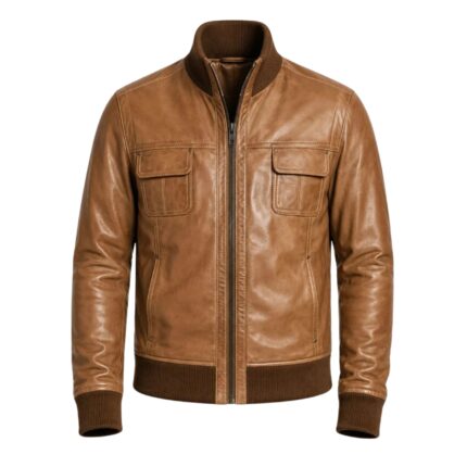 Men's Vintage Tan Leather Bomber Jacket with Brown Knit Collar and Double Flap Pockets