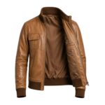 Men's Vintage Tan Leather Bomber Jacket with Brown Knit Collar and Double Flap Pockets - Image 2