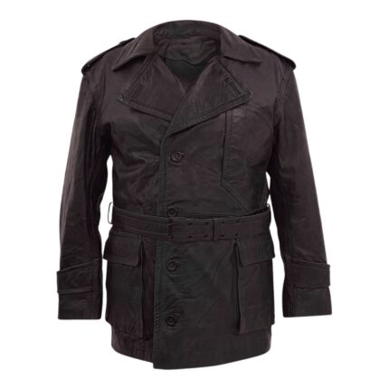 Men's Dark Brown-Black Distressed Leather Belted Military Coat with Epaulettes and Flap Pockets