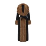 Women's Black Maxi Belted Coat with Caramel Fur-Style Collar, Front Trim and Cuffs