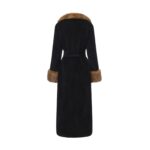 Women's Black Maxi Belted Coat with Caramel Fur-Style Collar, Front Trim and Cuffs - Image 2