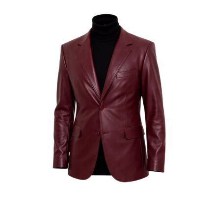 Men's Oxblood Leather Blazer with Fitted Waist, Tone-on-Tone Buttons and Flap Pockets