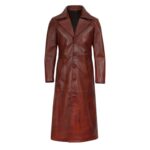 Men's Cognac Rust Waxed Leather Long Coat with Wide Notch Lapel and Four-Button Front