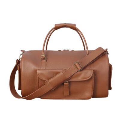 Tan Brown Pebbled Leather Duffel Bag with Buckle Front Pocket and Side Pockets
