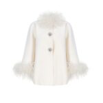 Women's Ivory Short Coat with Feather-Style Collar and Cuffs and Crystal-Style Buttons