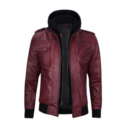 Men's Maroon Waxed Leather Bomber Jacket with Removable Black Hood