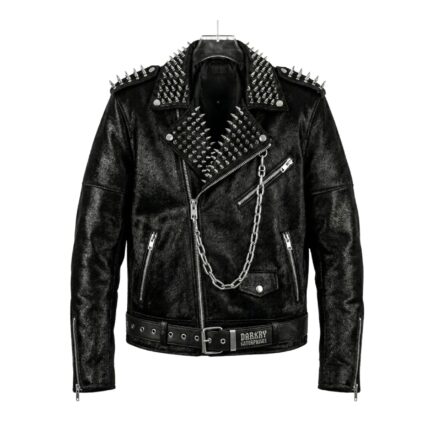 Men's Black Hair-On Leather Spiked Biker Jacket with Chain Detail