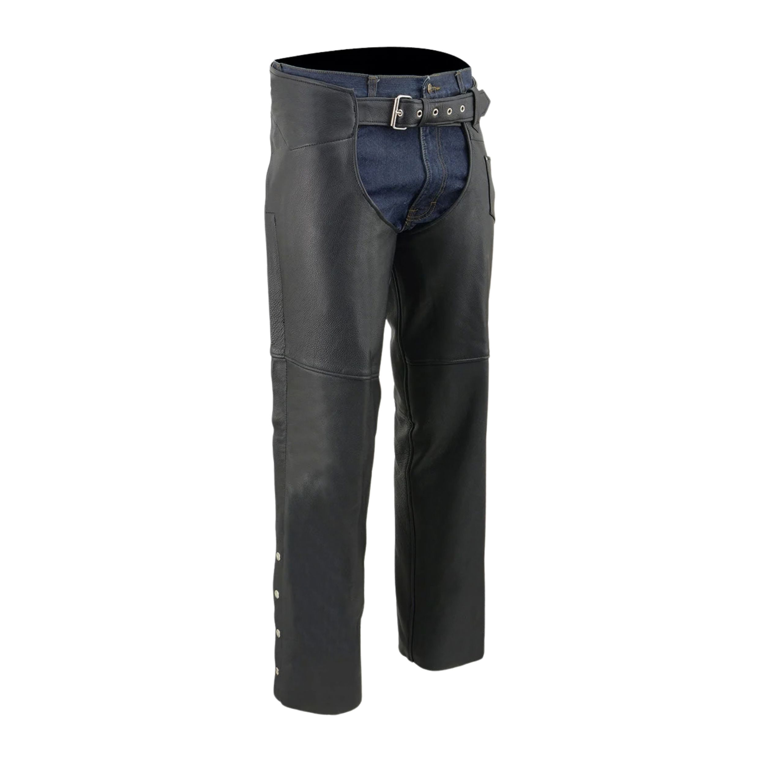 7 Men's Black Heavy Grain Leather Chaps with Snap Leg Closures and Contoured Waist - Image 1