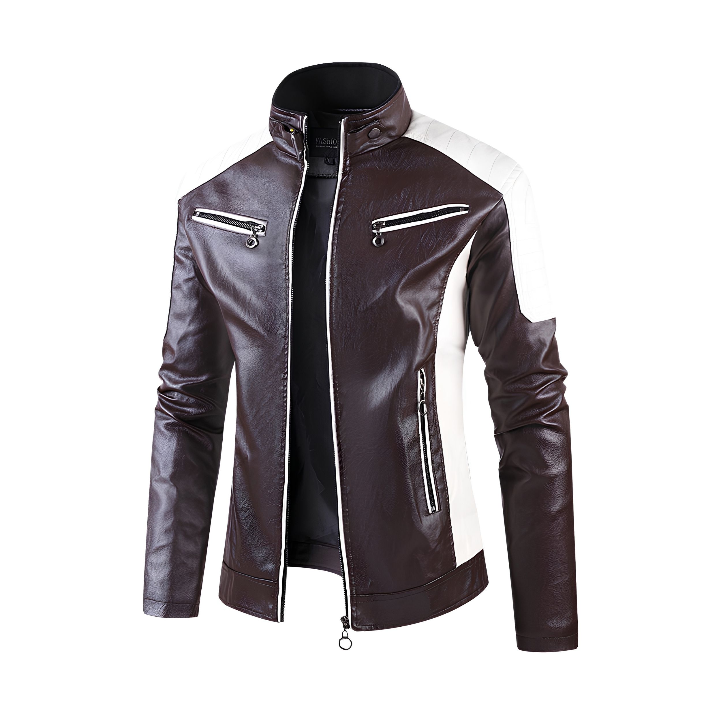 tmt-275-mens-dark-brown-leather-motorbike-jacket Men’s Dark Brown Leather Motorbike Jacket with White Shoulder Panels, Stand Collar and Zip Chest Pockets - Image 1