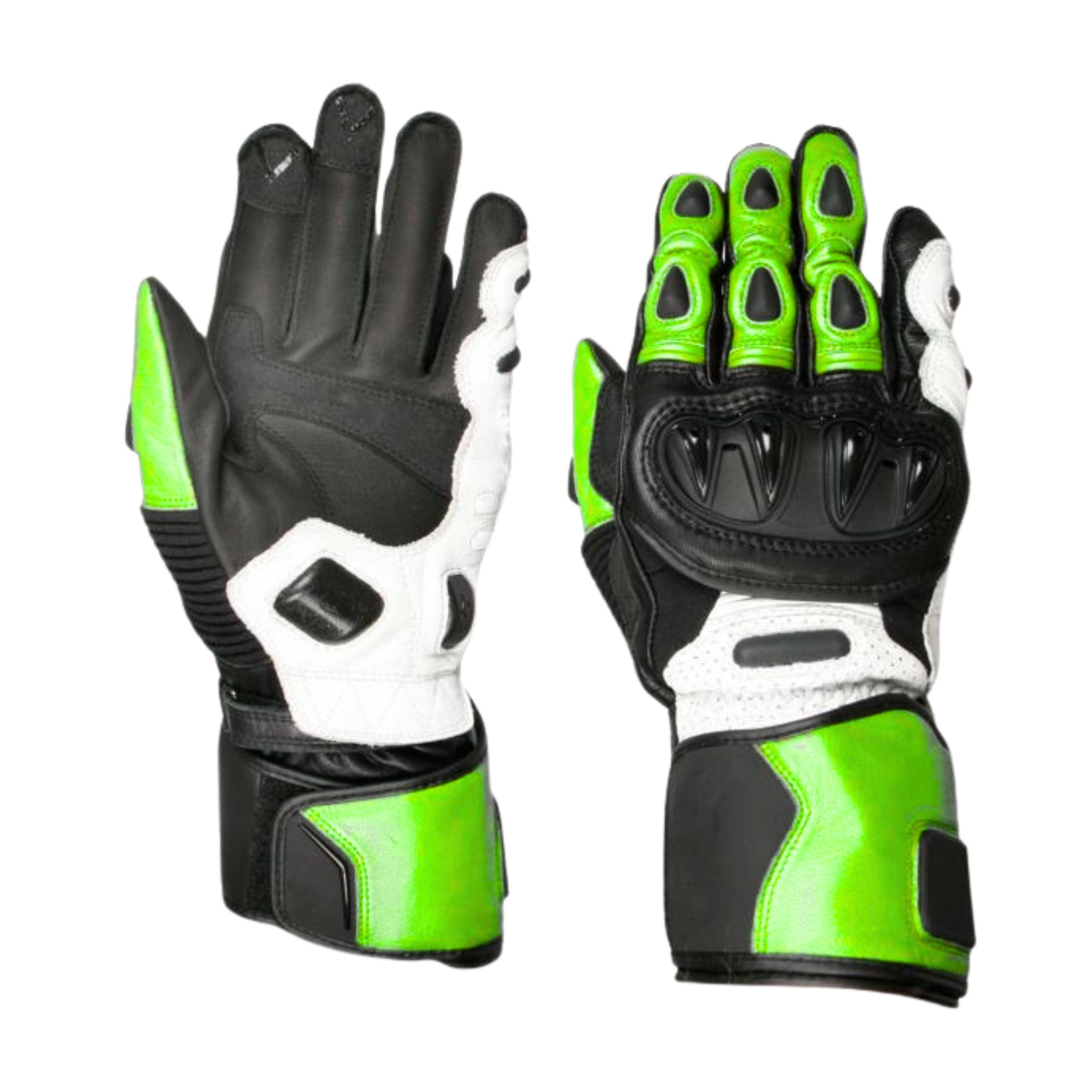 tmt-283-mens-black-and-green-leather-motorbike-racing-gloves Men’s Black and Green Leather Motorbike Racing Gloves with Knuckle Armour and Gauntlet Cuff - Image 1