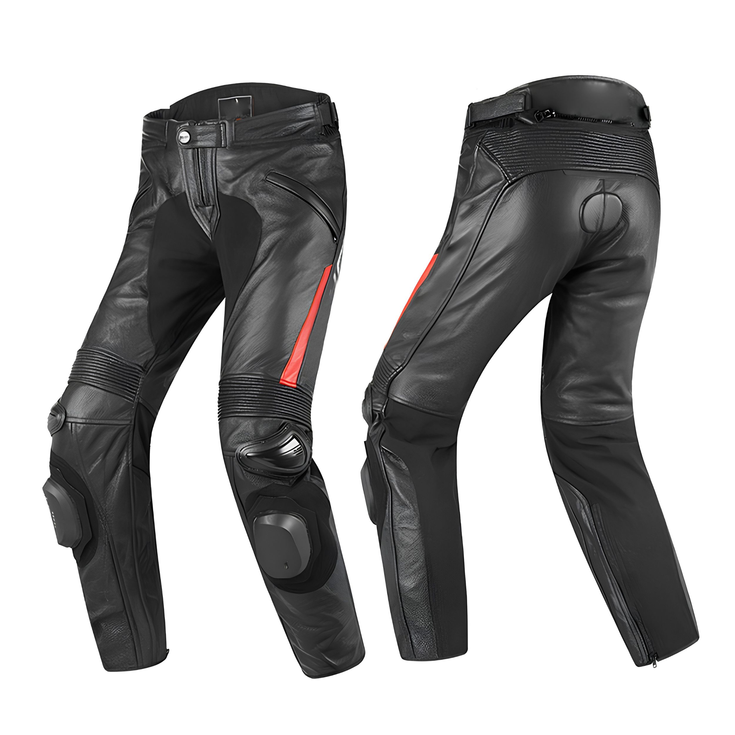 tmt-287-mens-black-leather-motorbike-pants Men’s Black Leather Motorbike Pants with Red Piping, Accordion Stretch Knees and Knee Sliders - Image 1